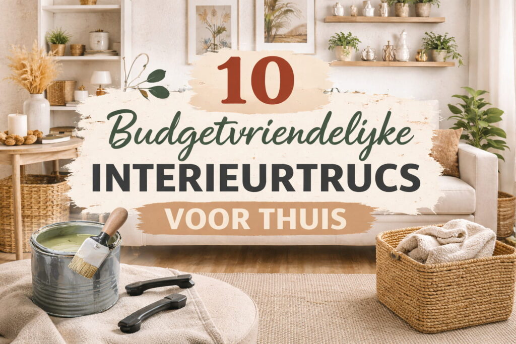 Headerafbeelding met de titel 10 budgetvriendelijke interieurtrucs voor thuis in een gezellige woonkamer setting