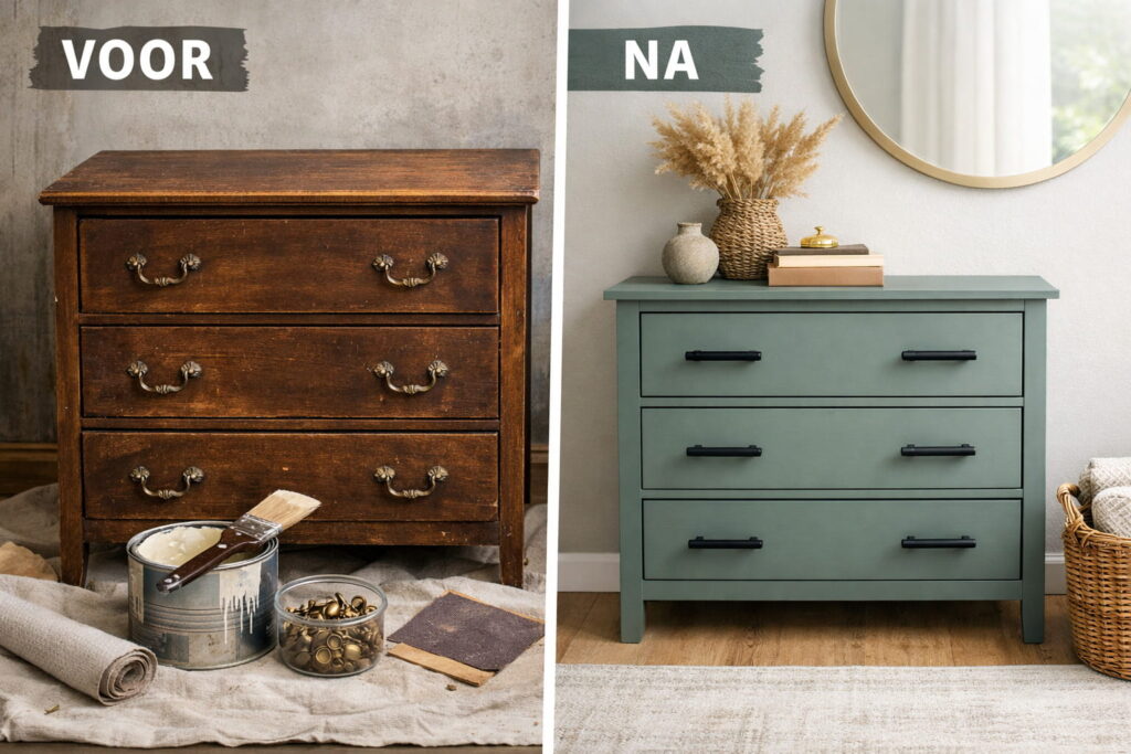 Voor en na make-over van een oud kastje met nieuwe verflaag en moderne handgrepen