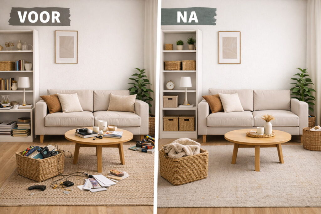 Voor en na voorbeeld van een woonkamer die rustiger oogt door opruimen en werken met manden en opbergdozen