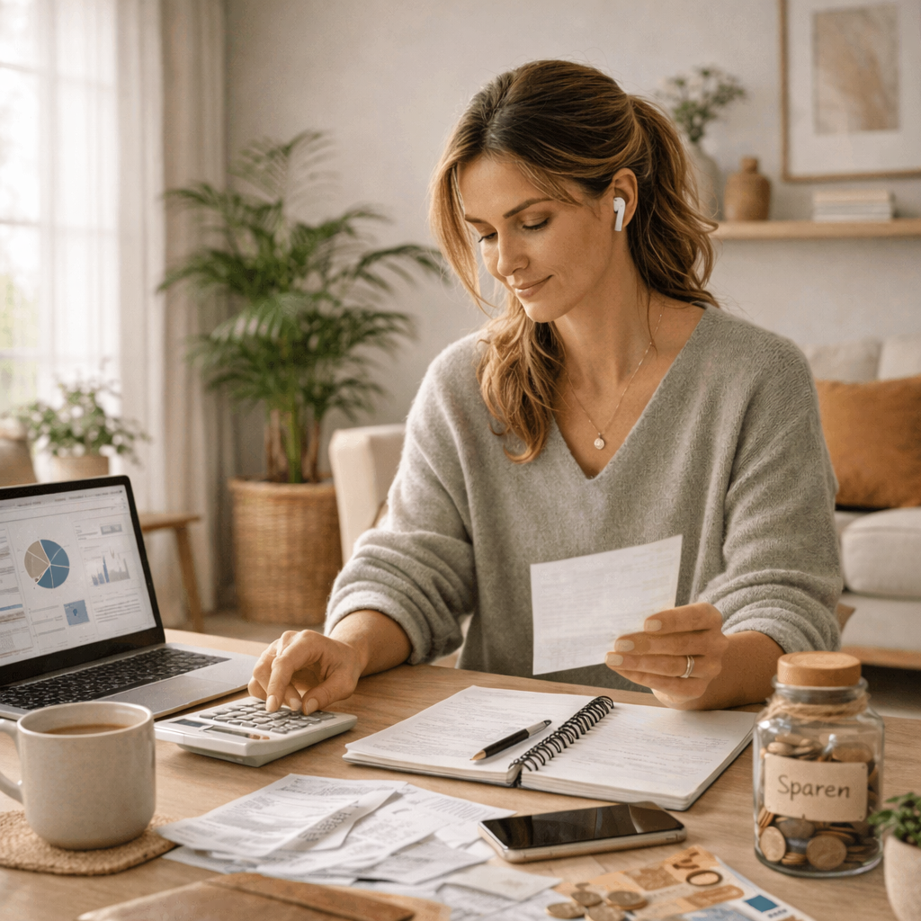 Vrouw kijkt ontspannen naar haar financiën en budget op een laptop, slim omgaan met geld zonder stress