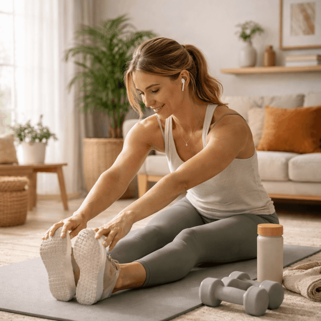 Vrouw die thuis sport in de woonkamer met eenvoudige fitnessoefeningen zonder sportschool