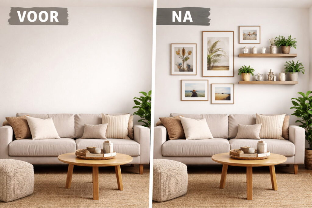 Voor en na make-over van een lege muur met posters, fotolijsten en wandplanken met decoratie